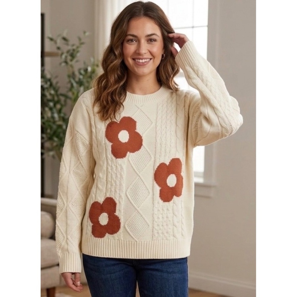 Wishlist Cable Knit Floral Intarsia Cream Rust Sweater Womens L WL24-9305